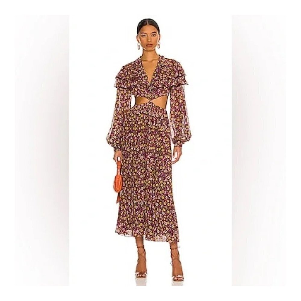 RONNY KOBO Hedy‎ Long Sleeve Floral Rhubarb Orchid Cut Out Midi Dress